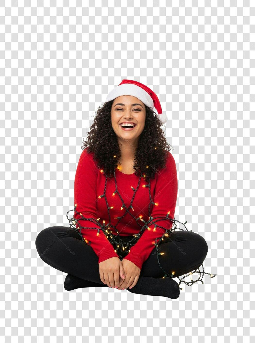 Foto Natal mulher alegre gorro Papai Noel luzes vermelhas cabelos cacheados PNG com fundo transparente