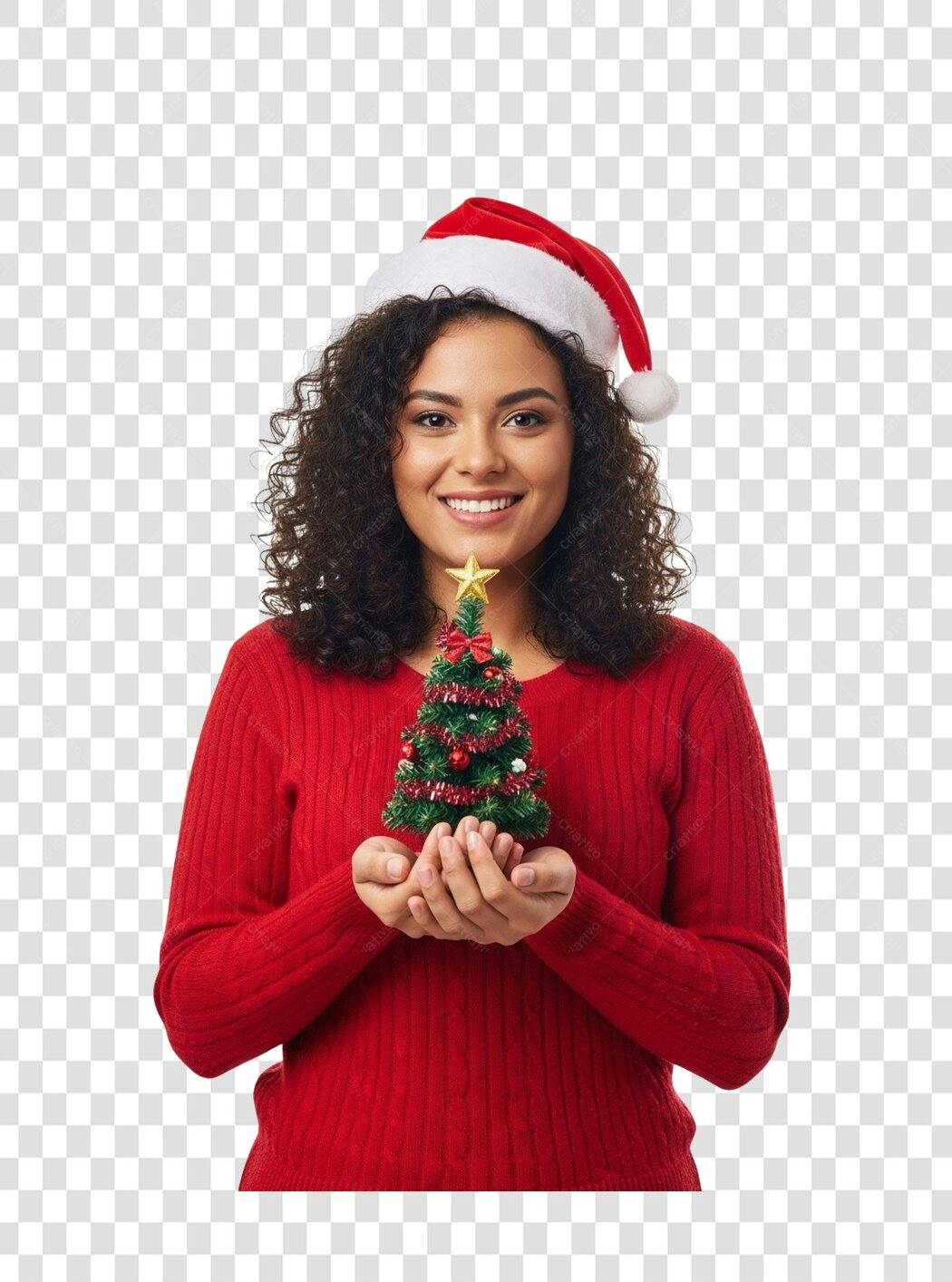Foto para Natal Mulher Parda Jovem Sorrindo Gorro e Árvore PNG com fundo transparente