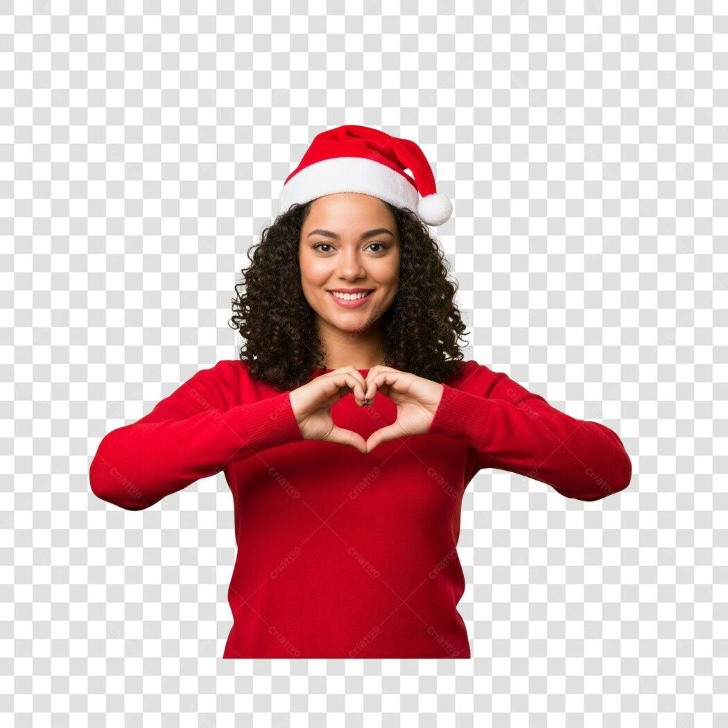 Post Instagram Natal Mulher Sorrindo Gorro Vermelho Coração Mãos PNG com fundo transparente