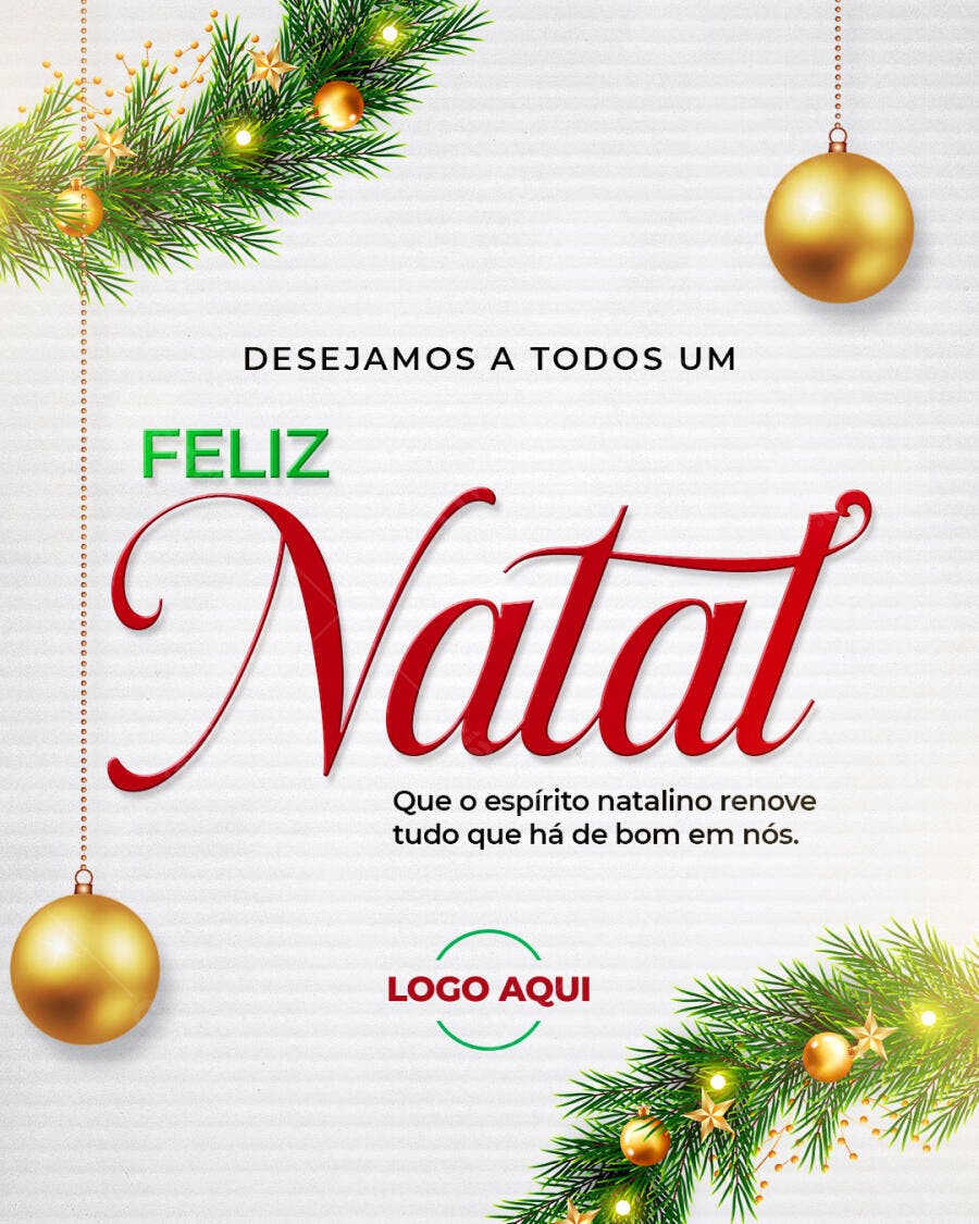 Cartão Digital Feliz Natal com Guirlandas e Bolas PSD Editável