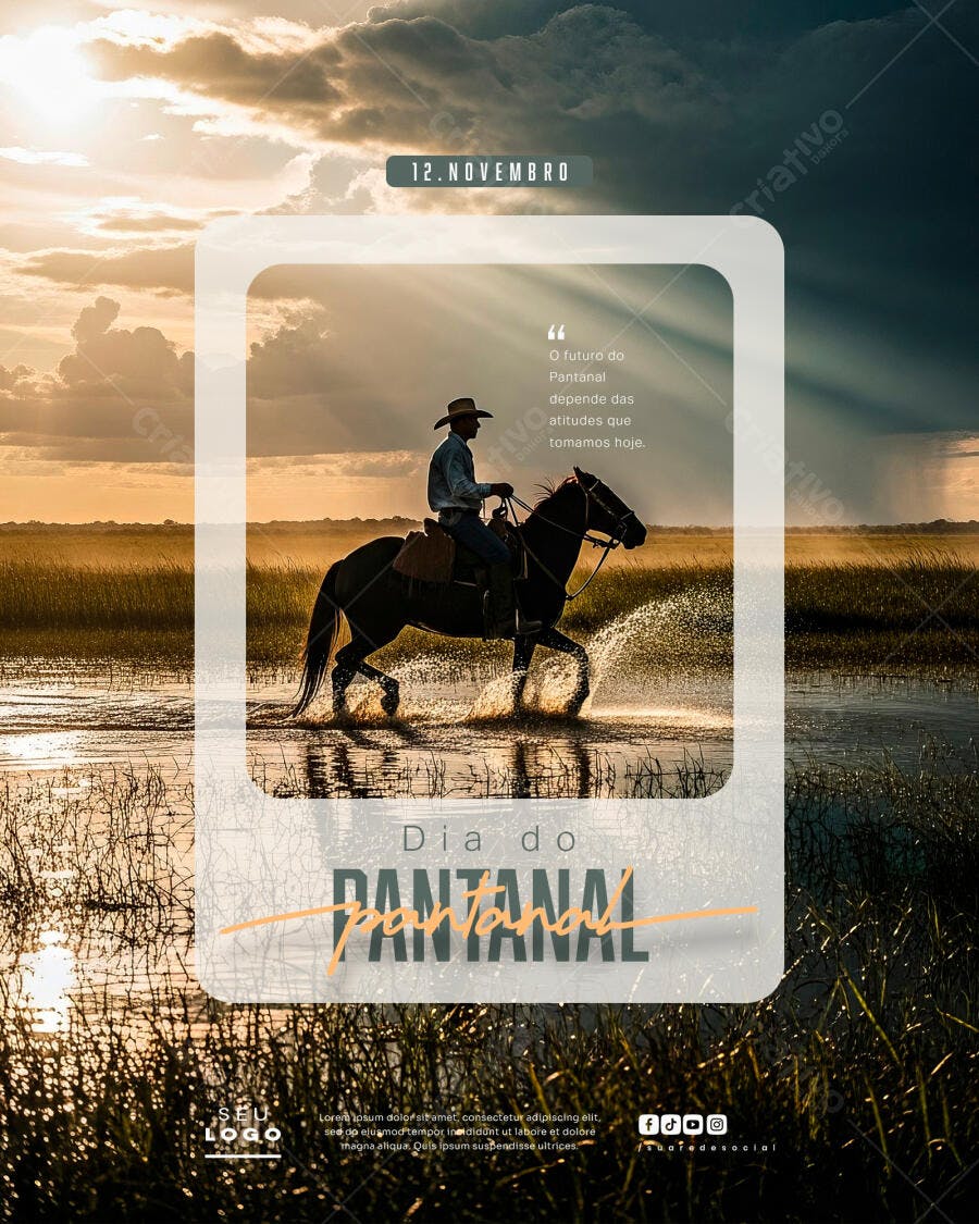 Post para Redes Sociais Dia do Pantanal Pôr do Sol e Pantaneiro PSD Editável