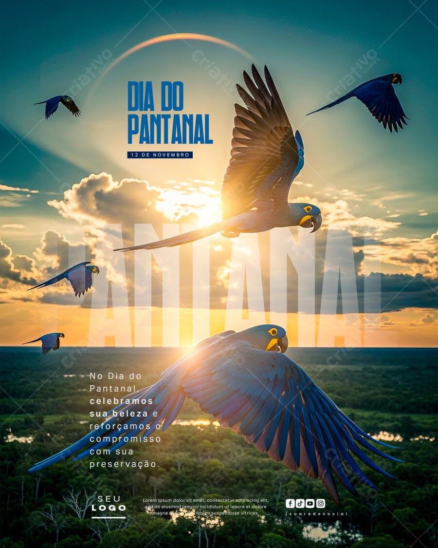 Flyer Dia do Pantanal Araras Azuis Voadoras PSD Editável
