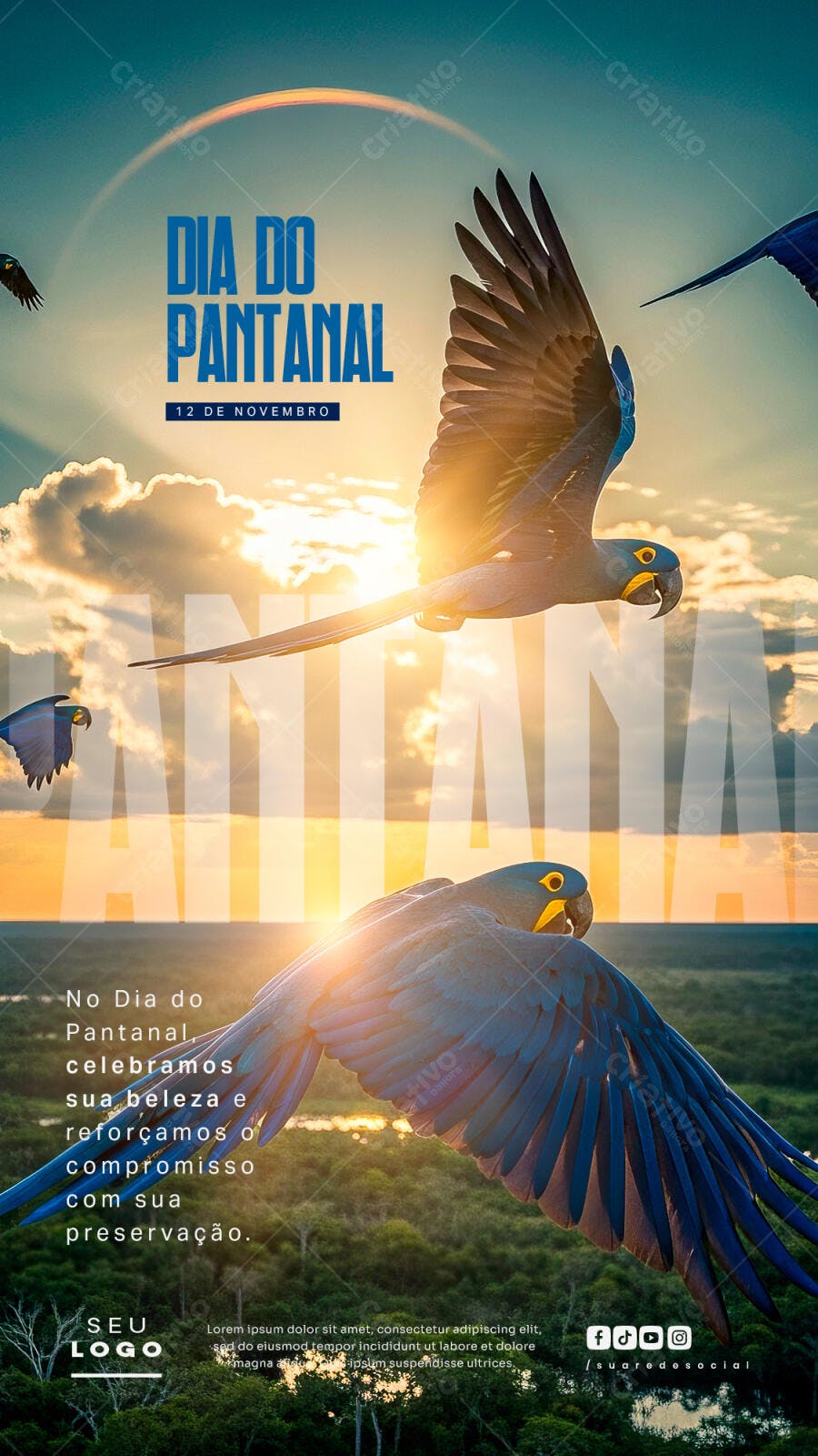 Flyer Dia do Pantanal com Araras-azuis PSD Editável