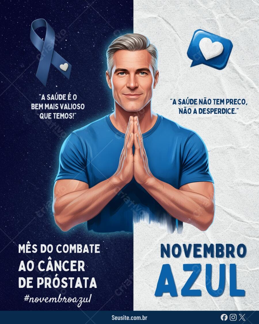 Post Instagram Novembro Azul Homem Caucasiano Azul Conscientização Editável no Canva