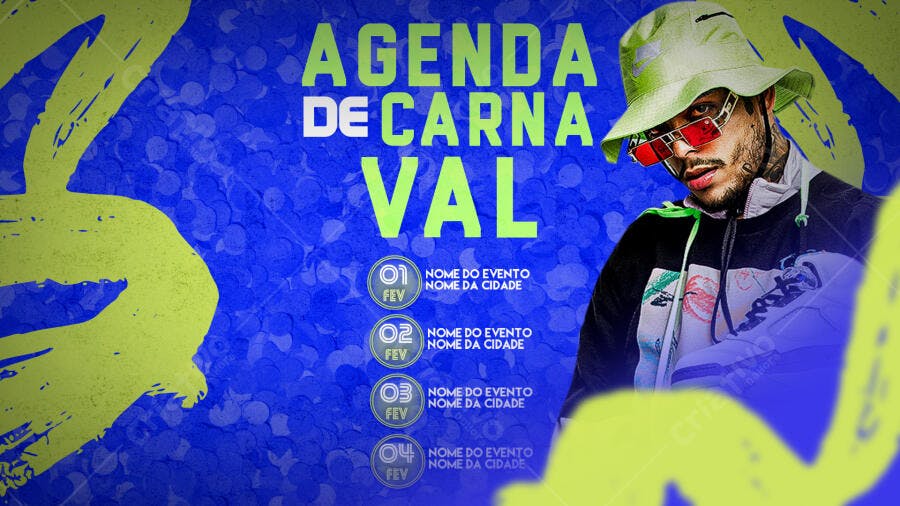Flyer Agenda de Carnaval com Homem de Chapéu e Tatuagens PSD Editável