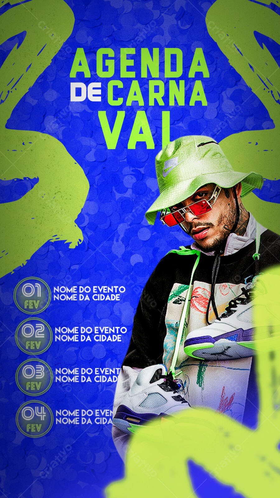 Flyer Agenda de Carnaval com Homem de Chapéu Balde e Tênis PSD Editável