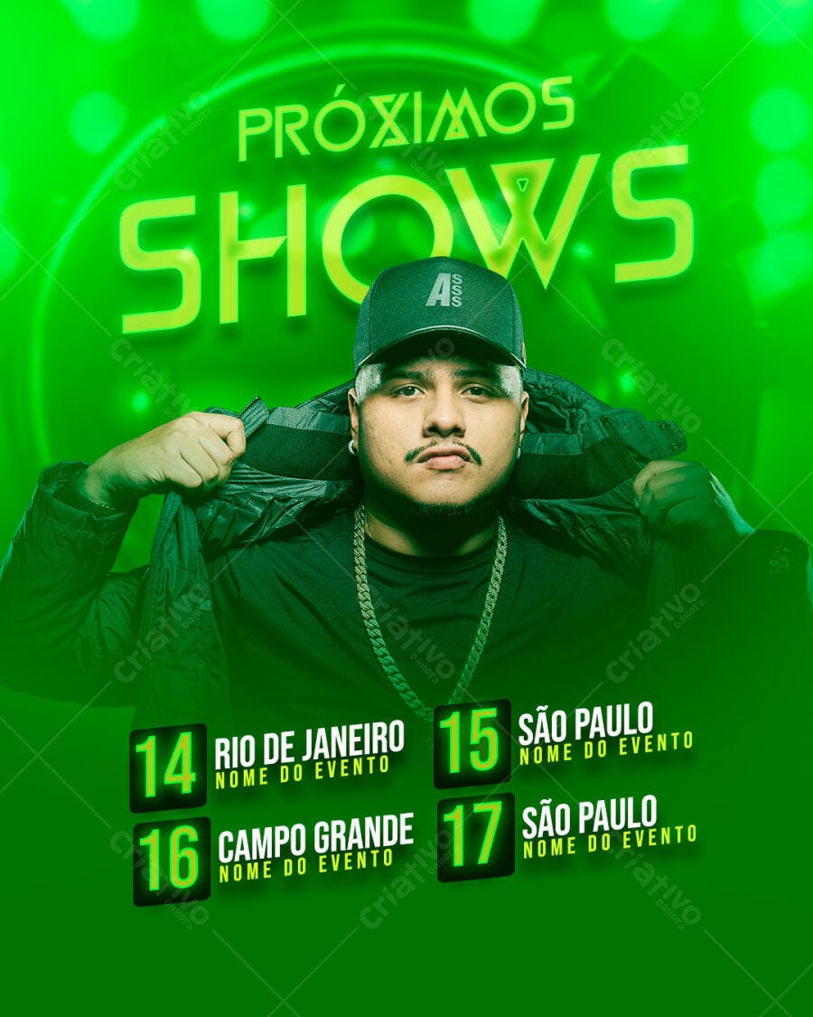 Flyer Próximos Shows Artista Urbano Verde Neon PSD Editável