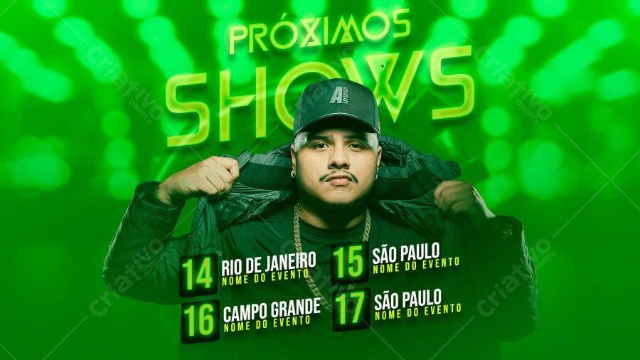 Flyer Próximos Shows Cantor Música Urbana Verde Neon PSD Editável