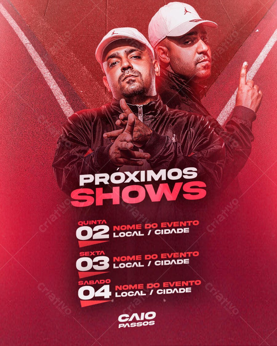 Flyer Shows de Rap Urbano Caio Passos Vermelho PSD Editável