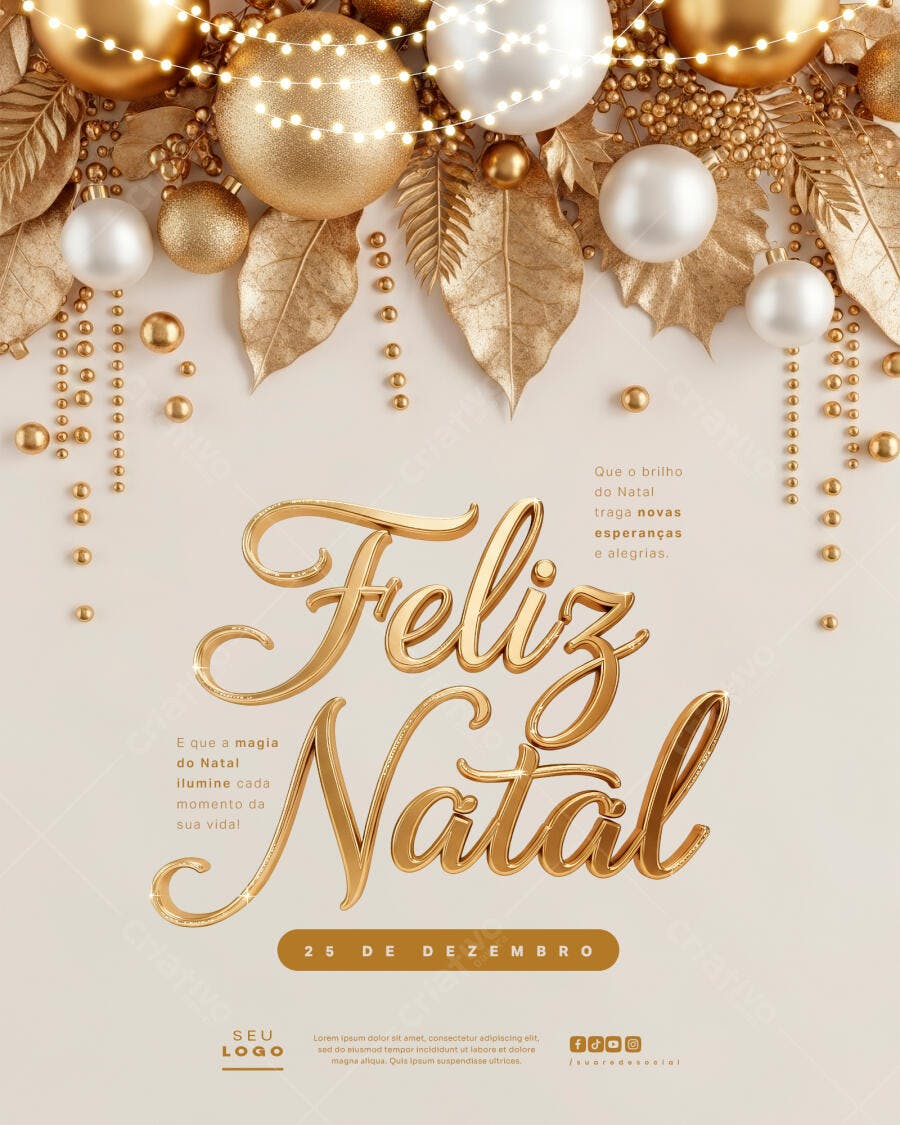 Cartão para Feliz Natal Dourado e Elegante PSD Editável