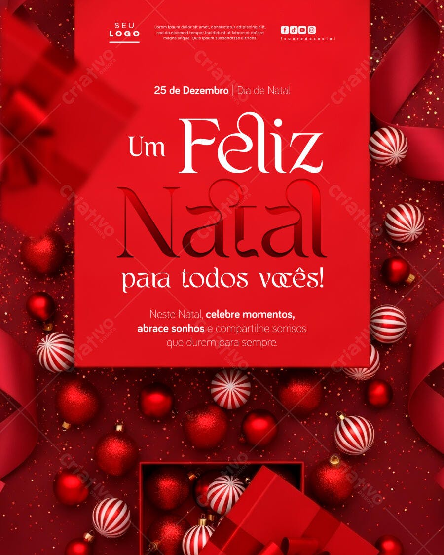 Flyer Feliz Natal com Enfeites Vermelhos PSD Editável