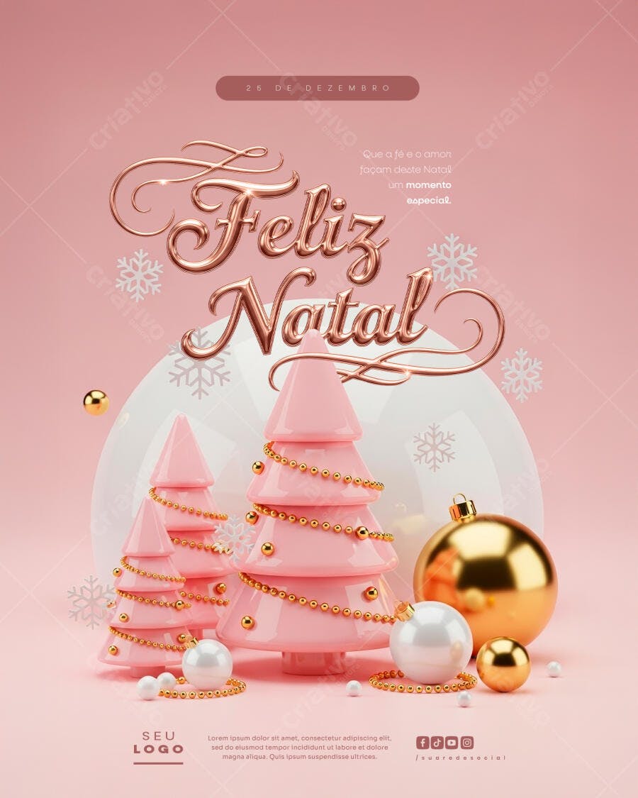 Post Instagram Natal "Feliz Natal" Rosa Dourado 3D PSD Editável
