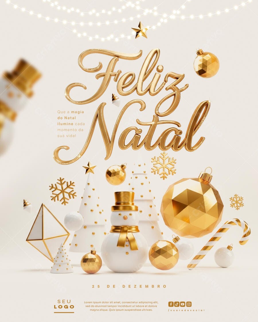 Flyer Feliz Natal Dourado Boneco de Neve e Enfeites PSD Editável