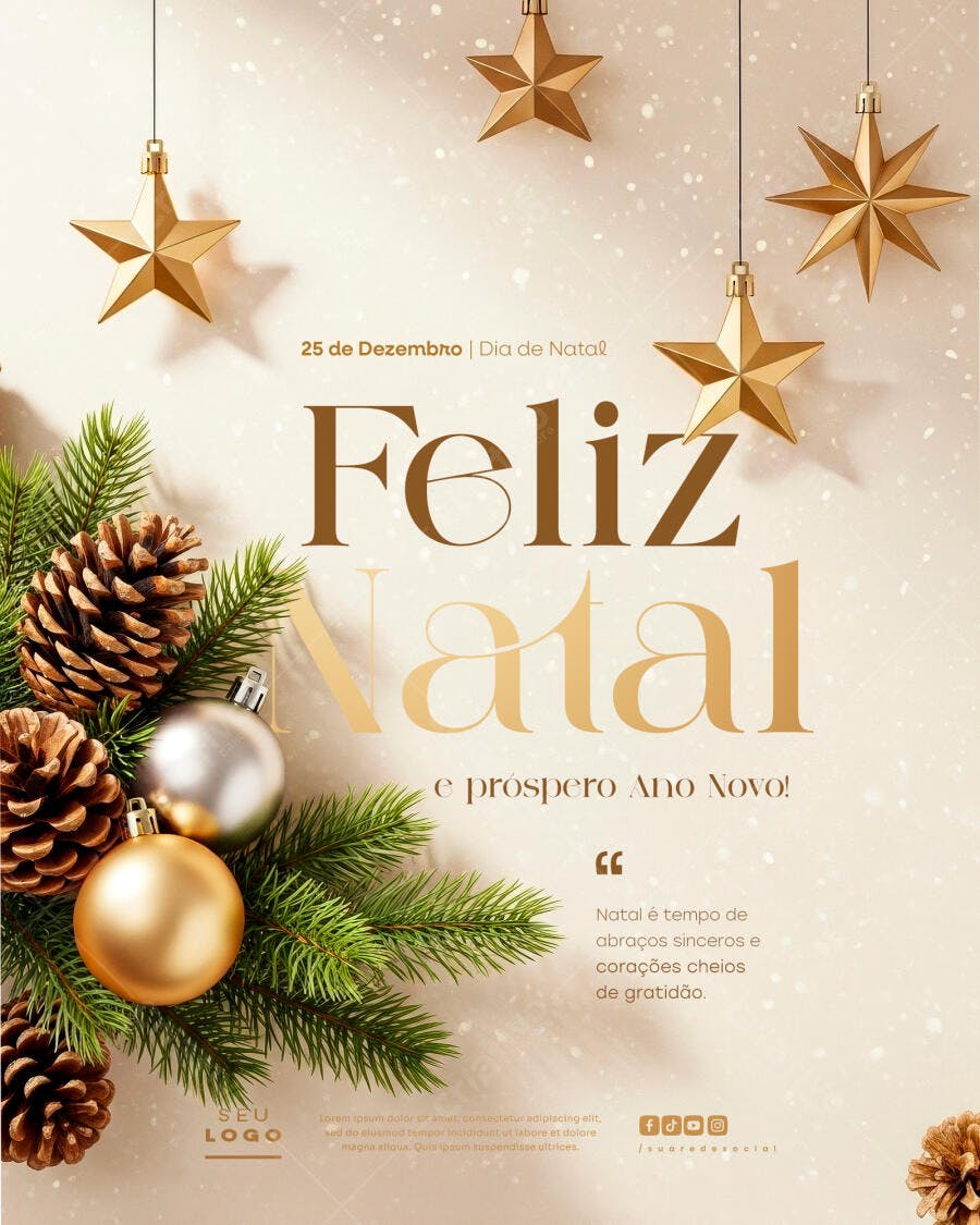 Flyer Feliz Natal e Ano Novo Estrelas Douradas e Pinhas PSD Editável