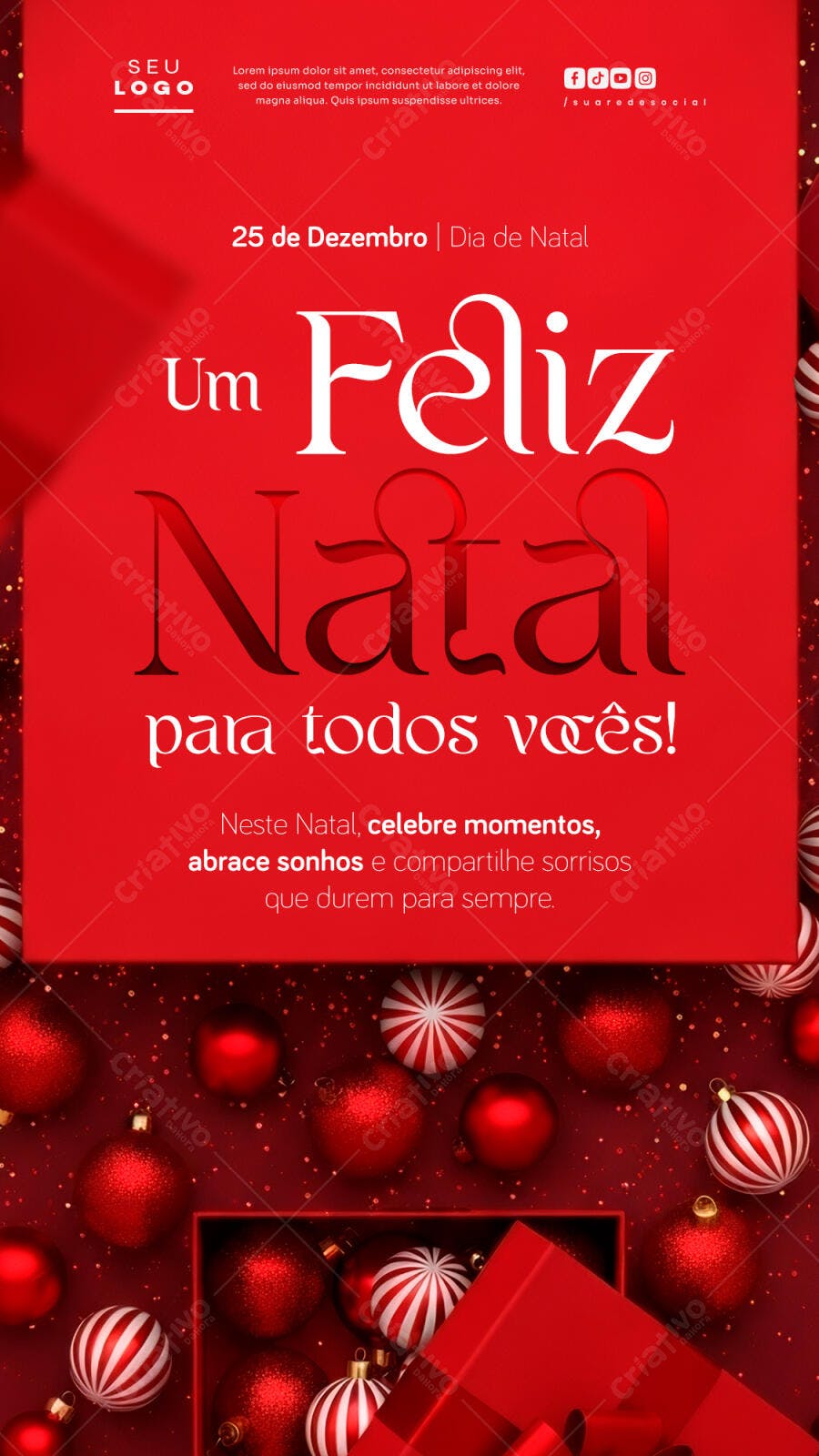 Flyer Digital Feliz Natal com Bolas Vermelhas e Brancas PSD Editável