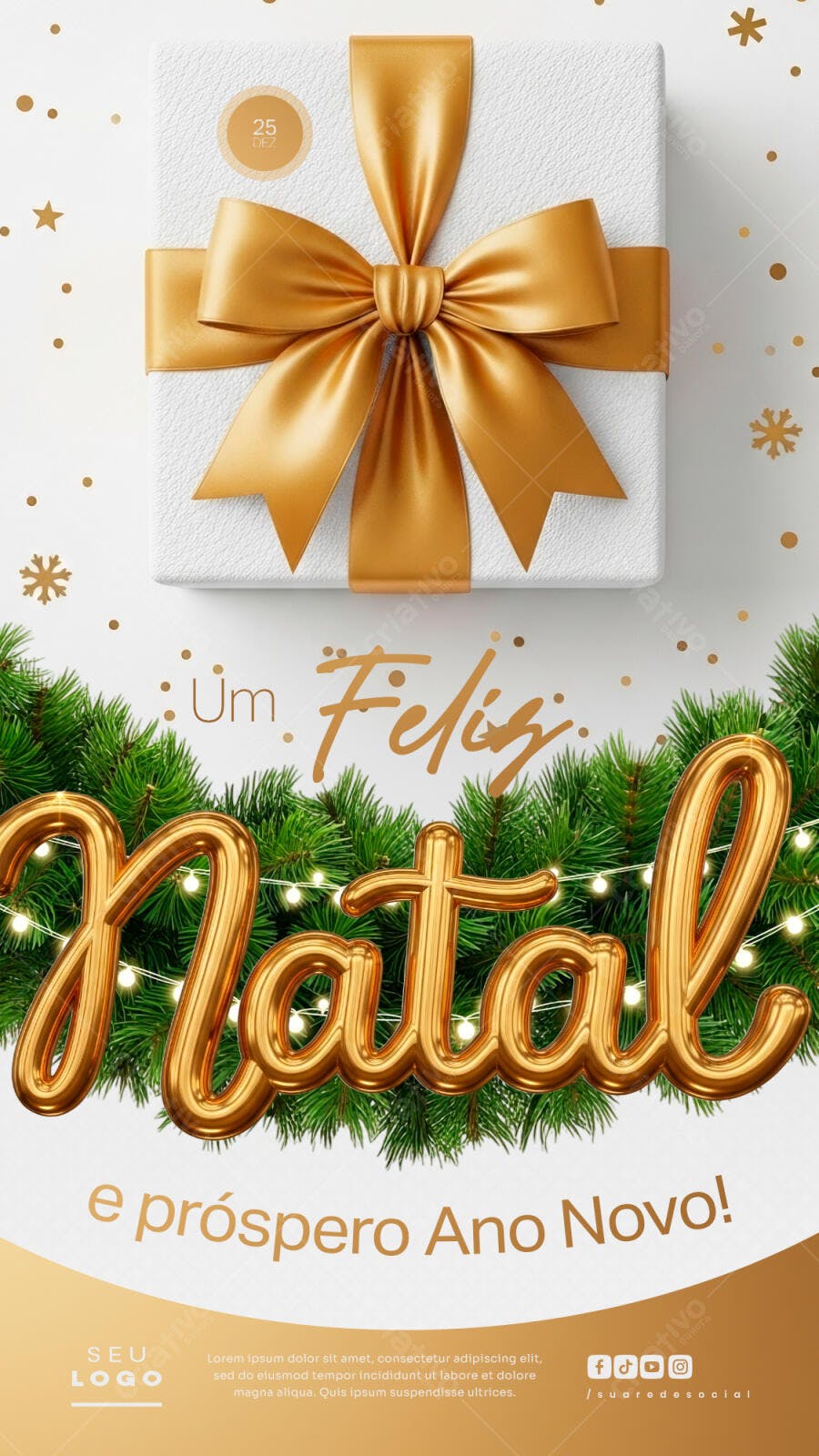 Post Redes Sociais Natal e Ano Novo com Presente Dourado PSD Editável