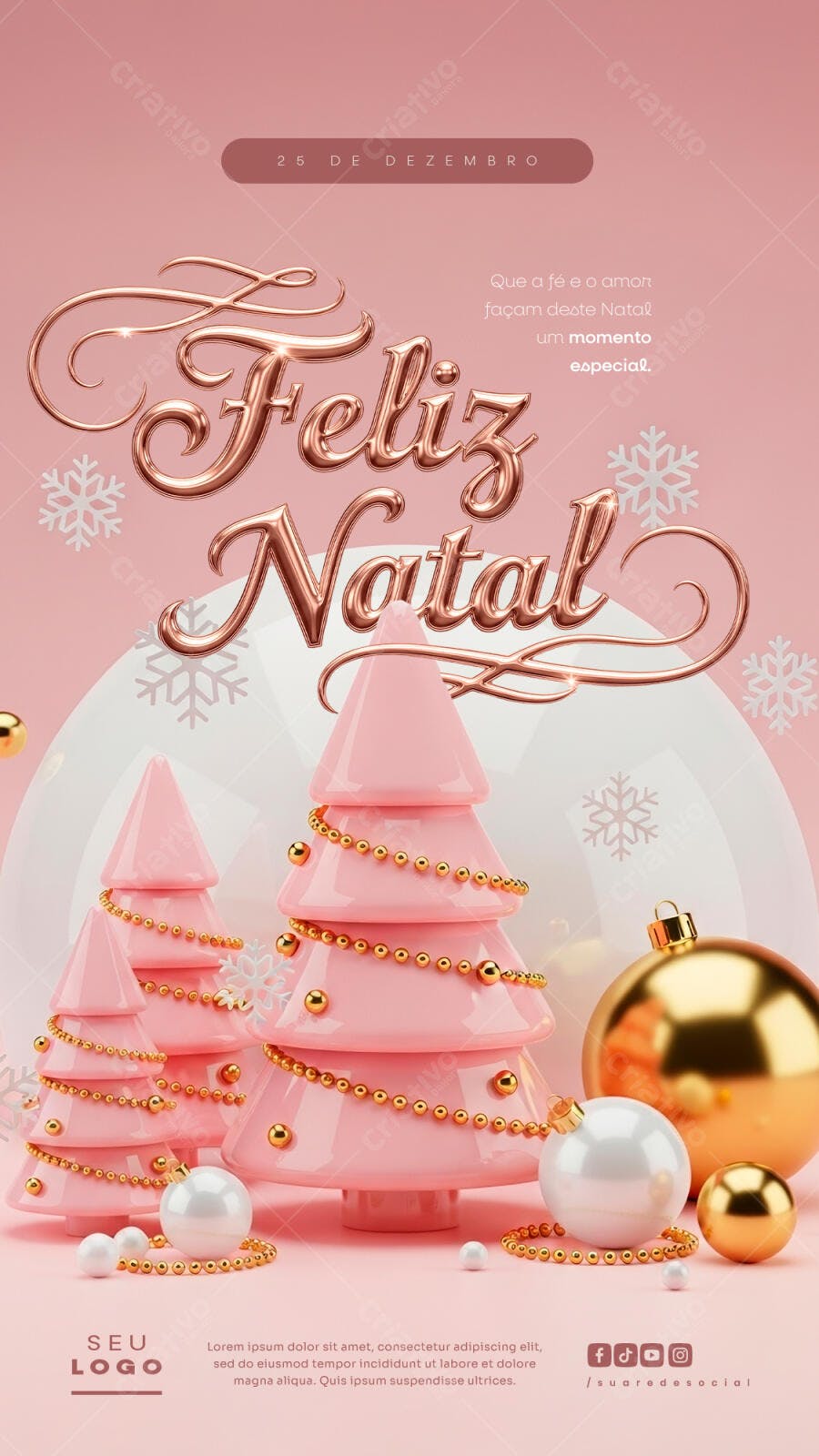 Flyer Digital para Feliz Natal Rosa Gold PSD Editável