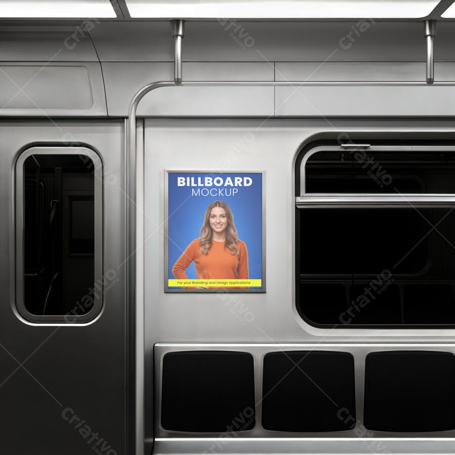 Mockup Outdoor Publicitário Realista em Metrô Cinza com Mulher Loira Laranja