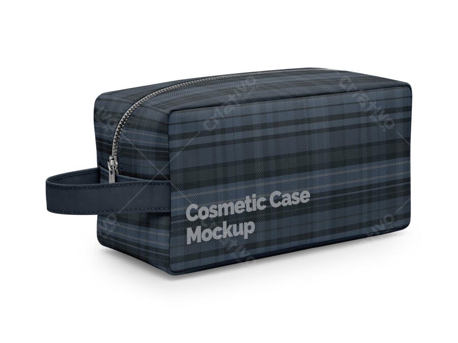 Mockup Necessaire Xadrez Azul Marinho Realista para Viagens e Higiene