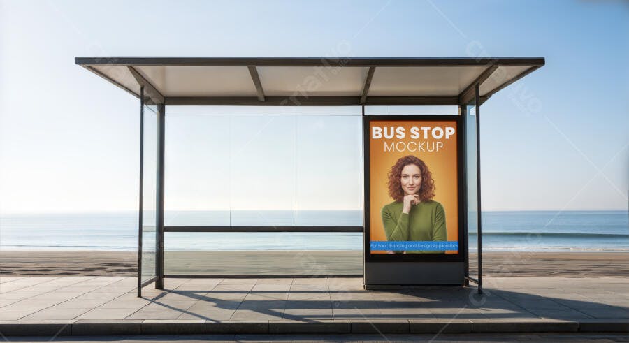 Mockup de Ponto de Ônibus Moderno com Painel Publicitário em Praia Ensolarada