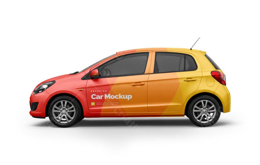 Mockup Realista de Carro Hatchback Lateral Degradê Vermelho Laranja Amarelo para Branding