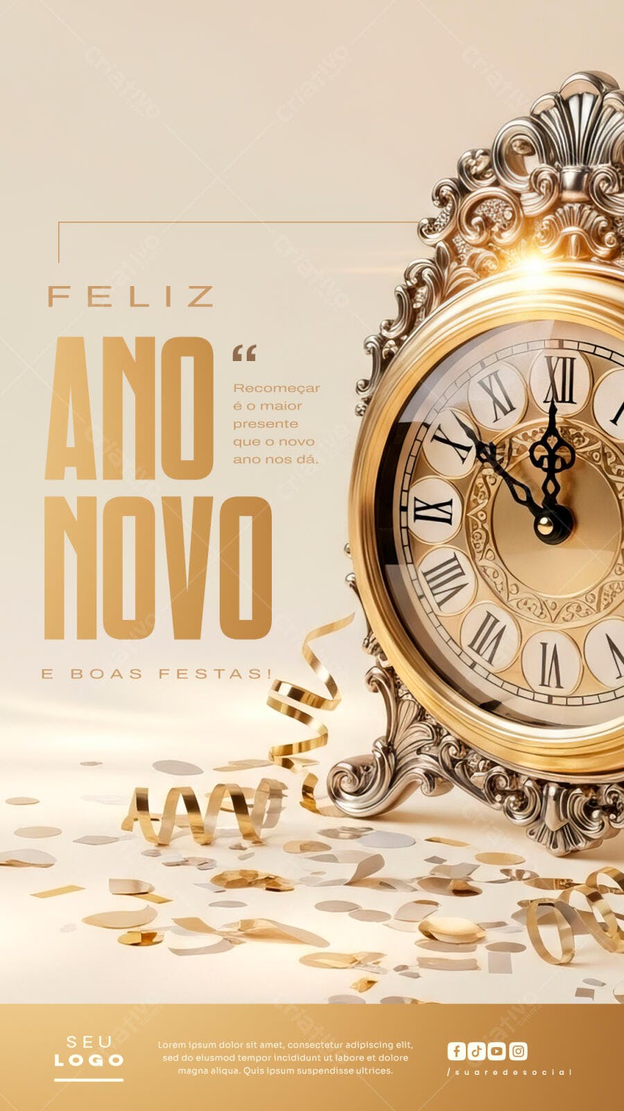 Flyer Feliz Ano Novo Dourado com Relógio PSD Editável