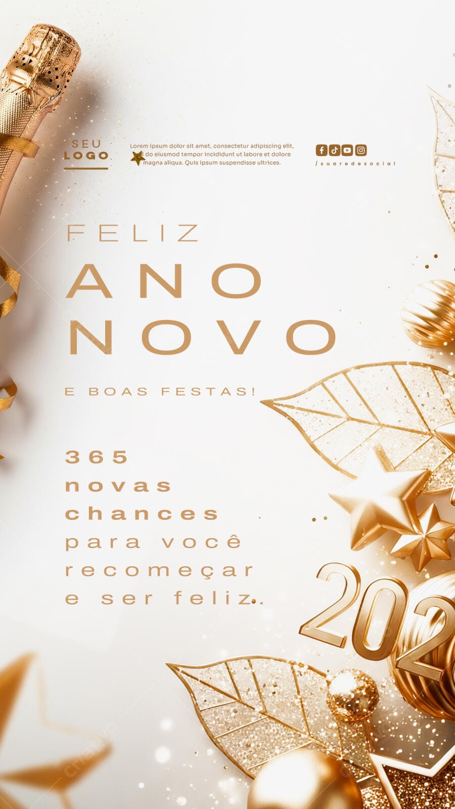 Post Redes Sociais para Feliz Ano Novo 2024 Dourado e Boas Festas PSD Editável
