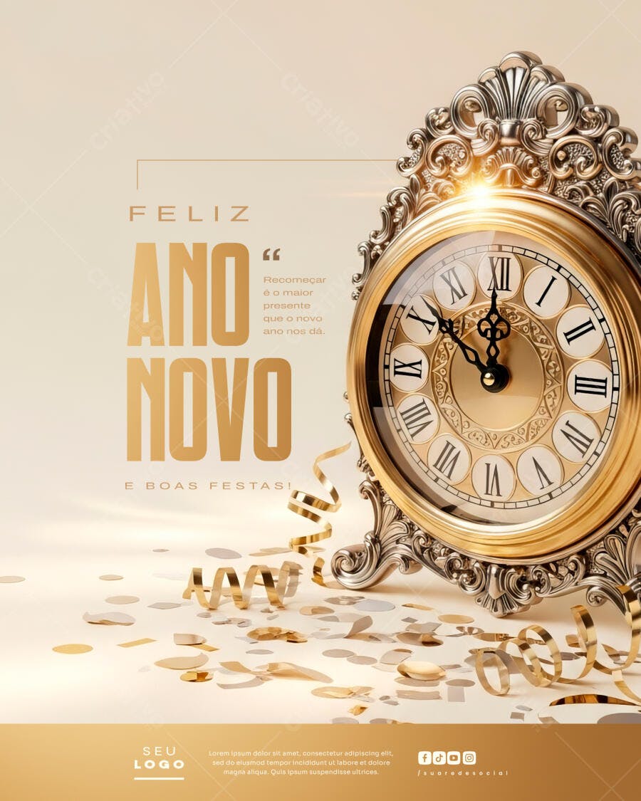 Flyer de Feliz Ano Novo Dourado com Relógio Antigo PSD Editável