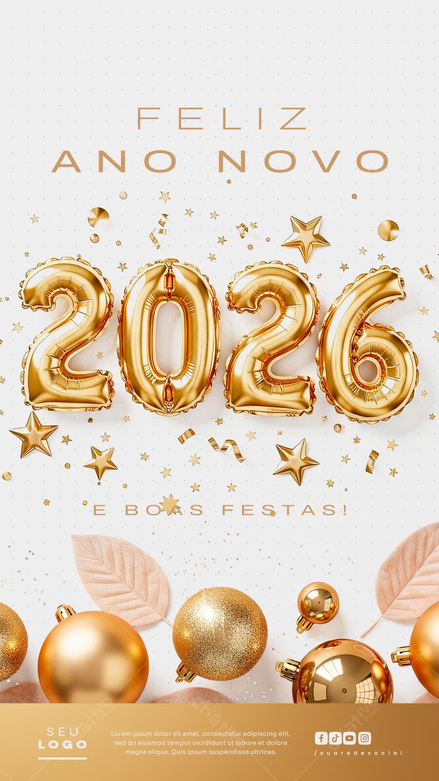 Story de Ano Novo 2026 Boas Festas com Balões Dourados Psd Editável