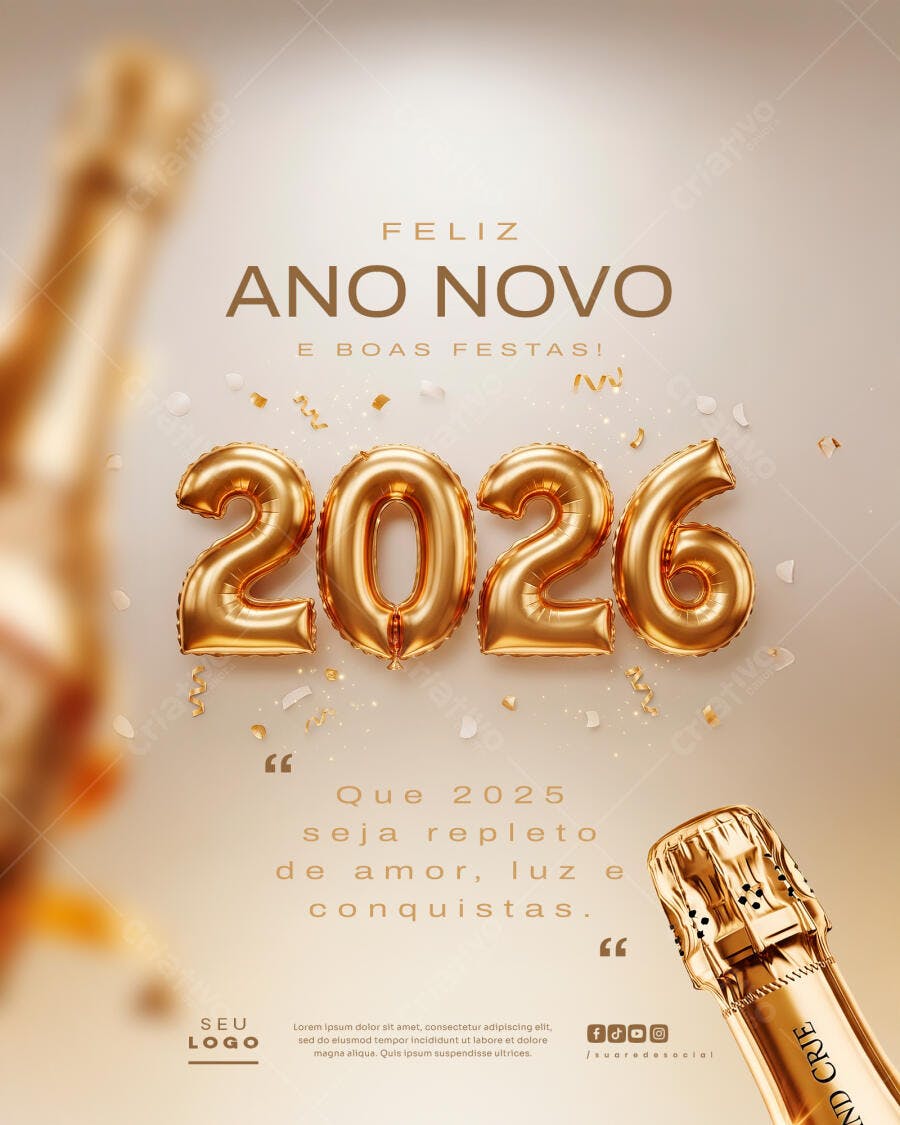Flyer Feliz Ano Novo 2026 com Balões Dourados PSD Editável