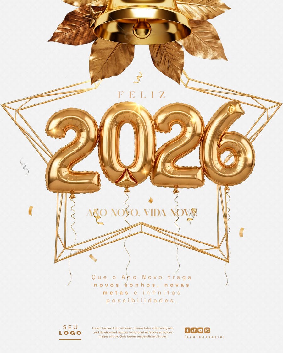 Flyer Feliz Ano Novo 2026 Dourado com Balões e Sinos PSD Editável