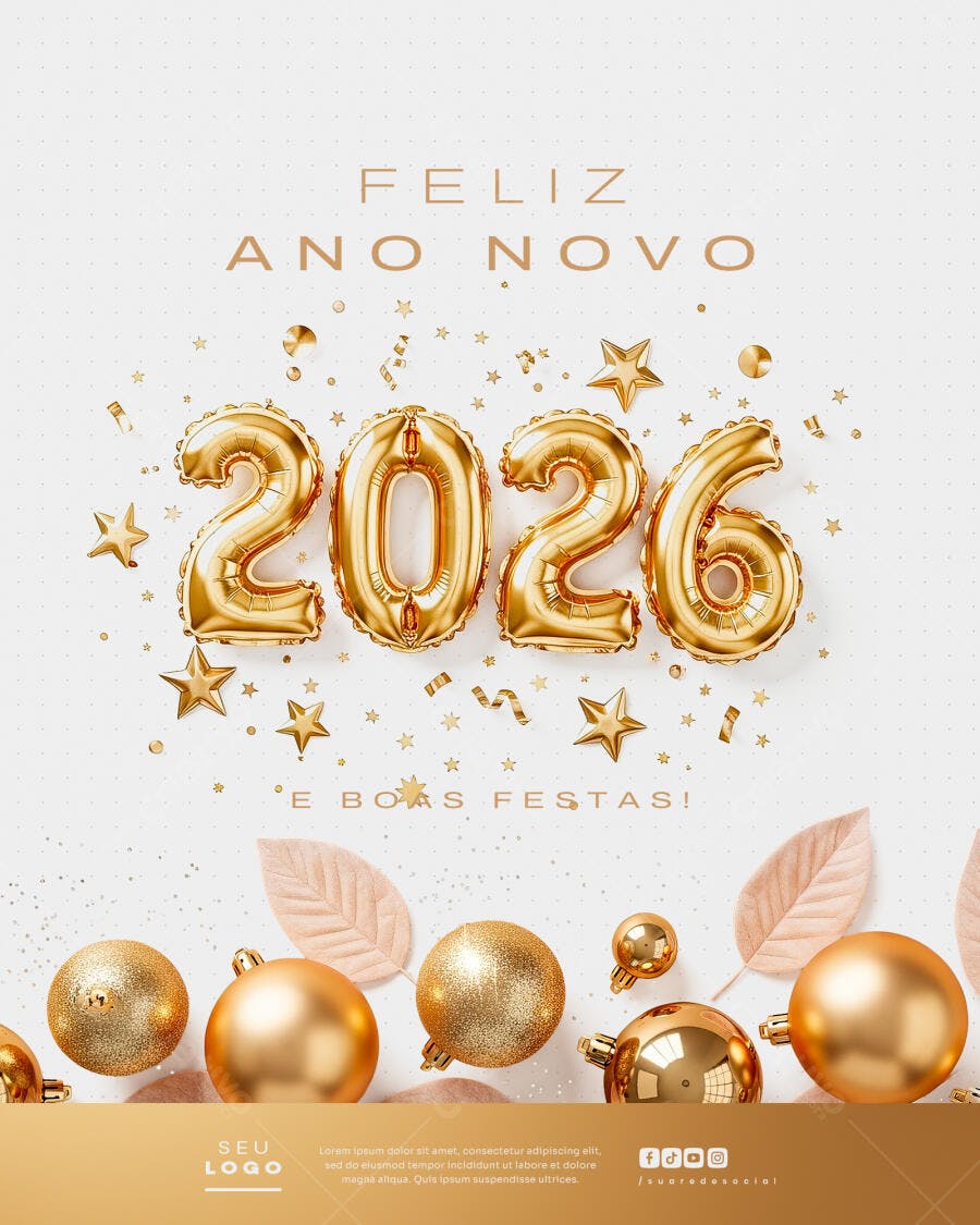 Post para Feliz Ano Novo 2026 Dourado Brilhante PSD Editável