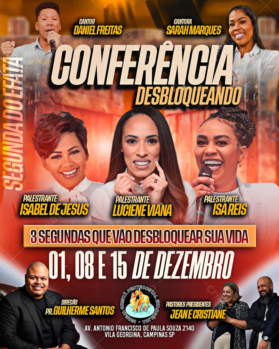 Flyer Conferência Evangélica Desbloqueando com Cantores e Pastores PSD Editável