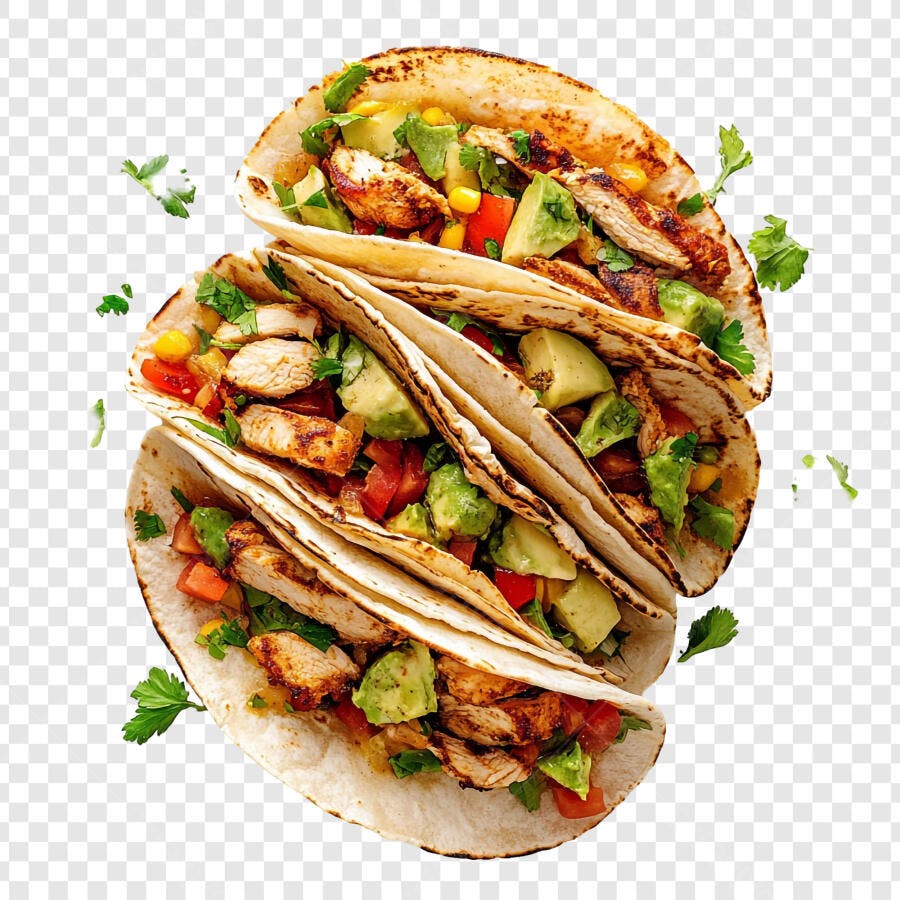 Prato Mexicano Tacos de Frango com Abacate e Coentro PNG com fundo transparente