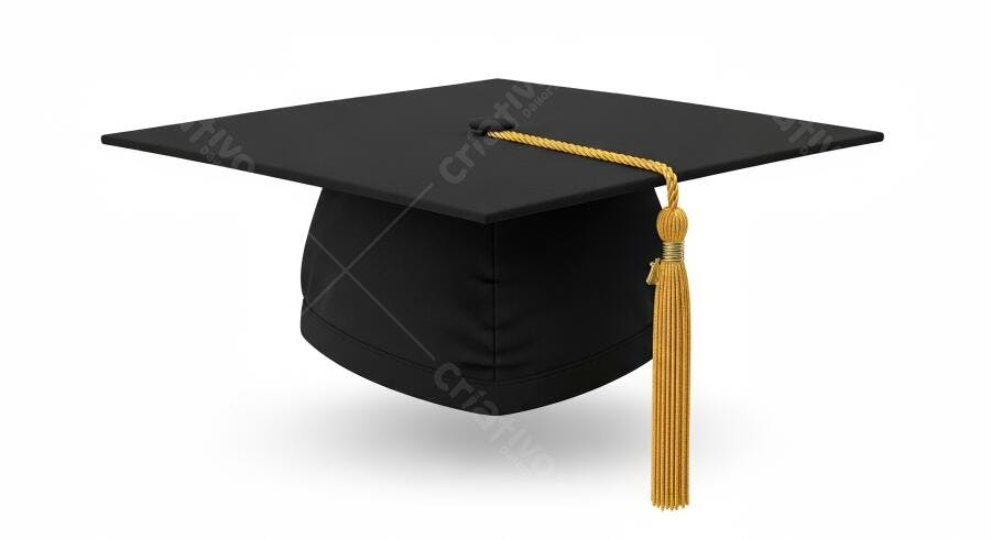 Chapéu de formatura preto com borla dourada em fundo branco isolado