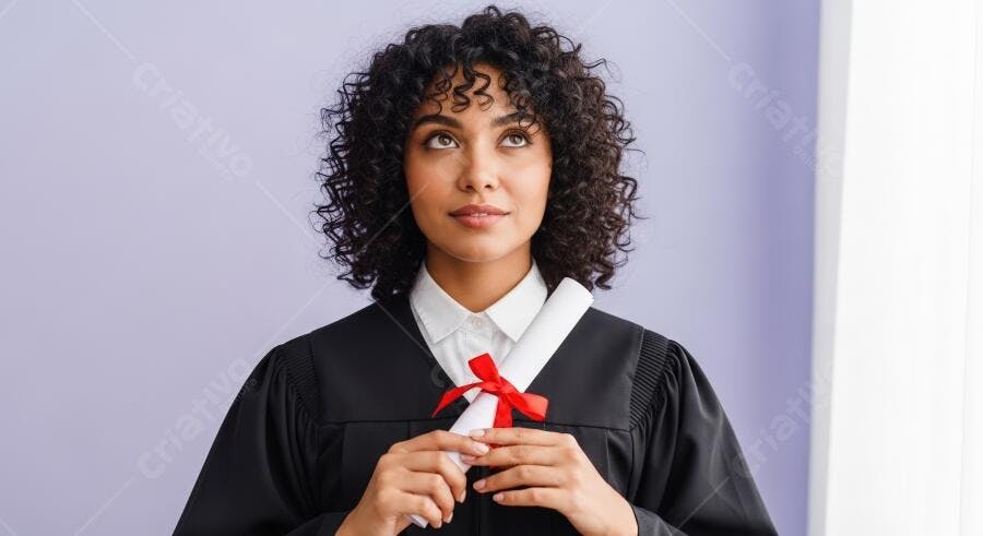 Mulher graduanda morena com diploma olhando para cima sonhadora em fundo lilás