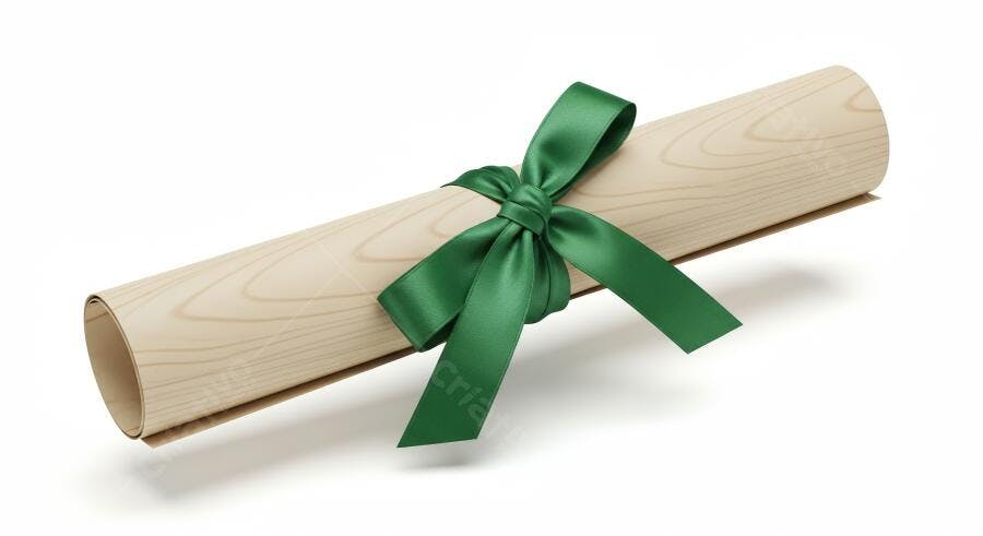 Diploma enrolado com fita de cetim verde vibrante em fundo branco
