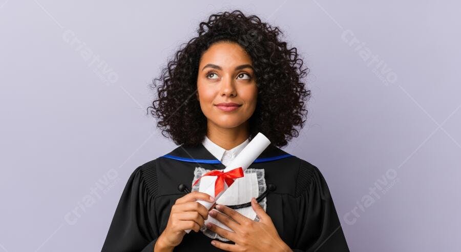 Mulher latina graduada feliz segurando diploma em plano de fundo lilás
