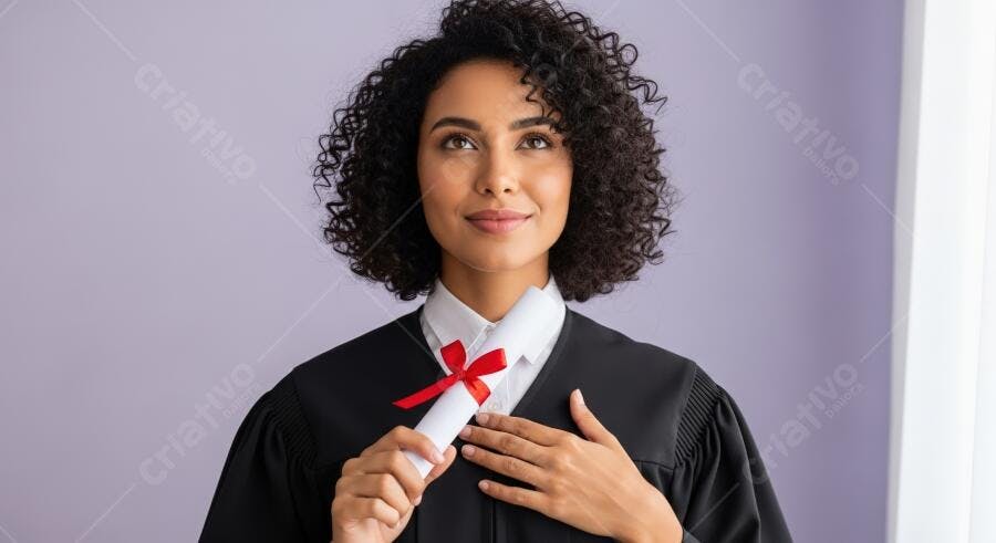 Mulher formanda orgulhosa com toga preta e diploma fundo roxo claro