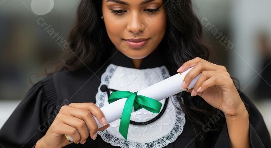 Mulher negra graduada segurando diploma com fita verde em cerimônia