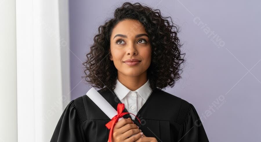 Mulher morena graduada segurando diploma com fita vermelha em fundo lilás pensativa