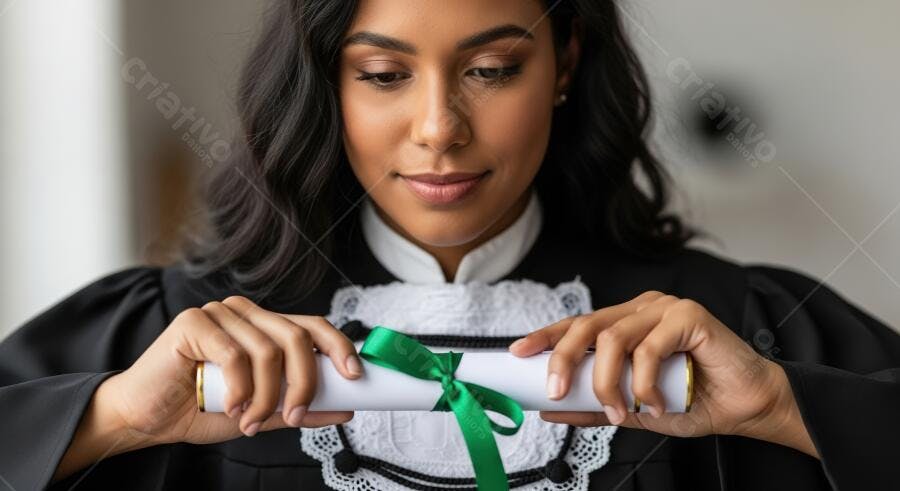 Mulher parda formanda segurando diploma com laço verde celebra graduação