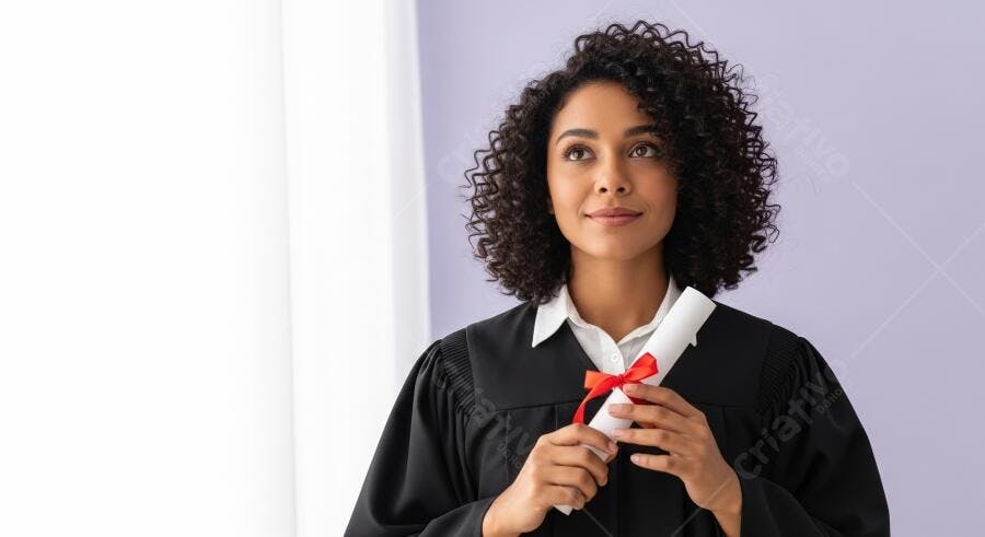 Mulher negra formando com toga preta segura diploma e olha para o futuro com esperança