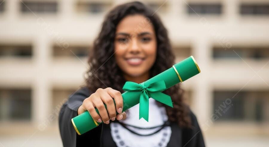 Formanda negra feliz exibindo diploma verde em celebração universitária