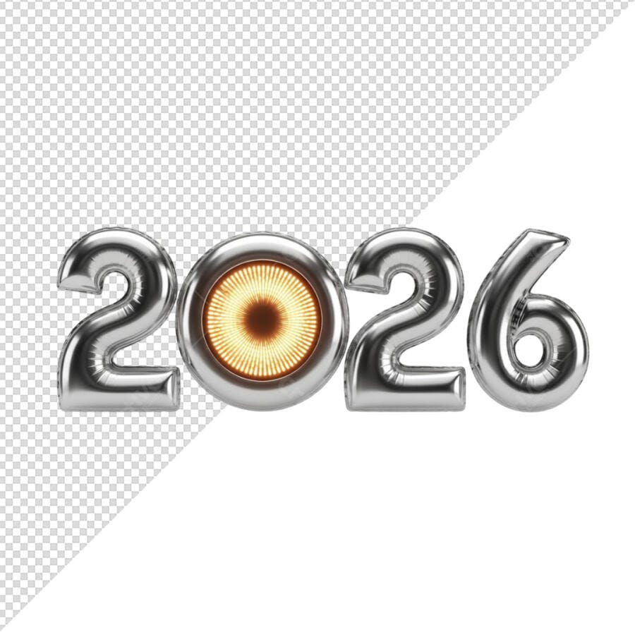 Elemento Gráfico 3D 2026 Metálico Brilhante para Ano Novo PSD Editável