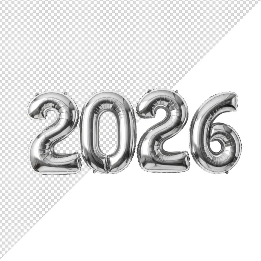 Balões Numéricos 2026 Prata para Celebração de Ano Novo PSD Editável