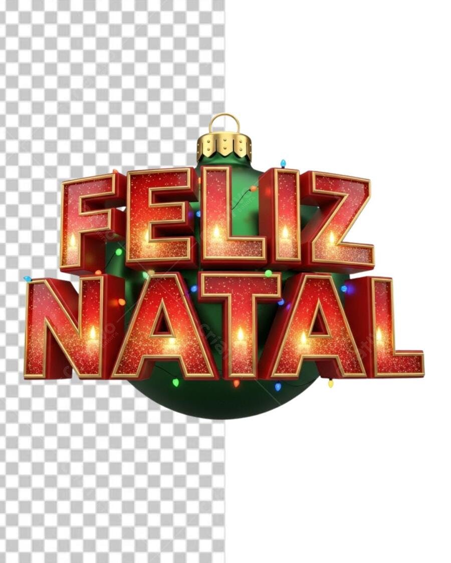 Letras 3D Feliz Natal vermelho dourado com luzes em ornamento PNG com fundo transparente