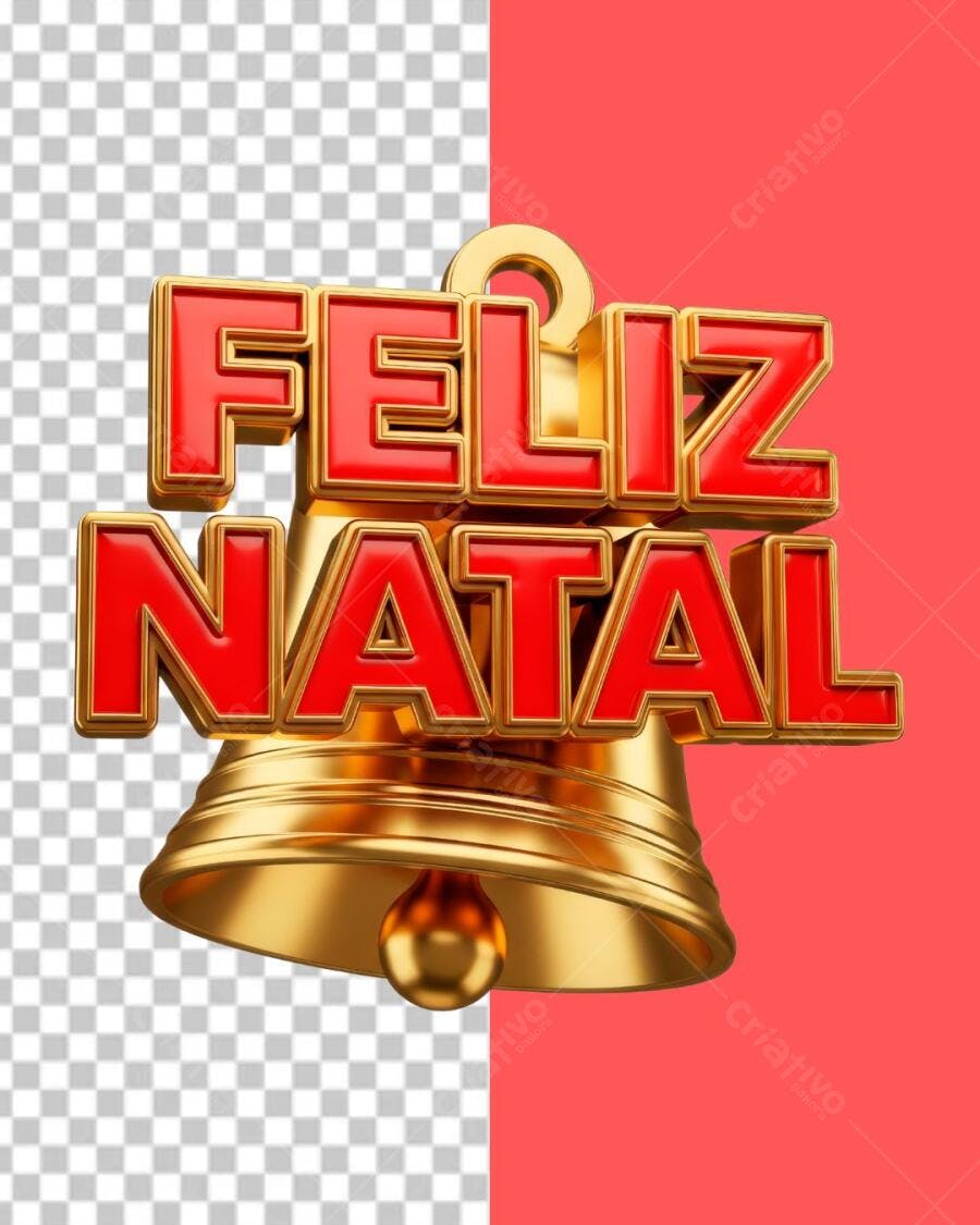 Elemento Gráfico Feliz Natal Sino Dourado Vermelho 3D PNG com fundo transparente
