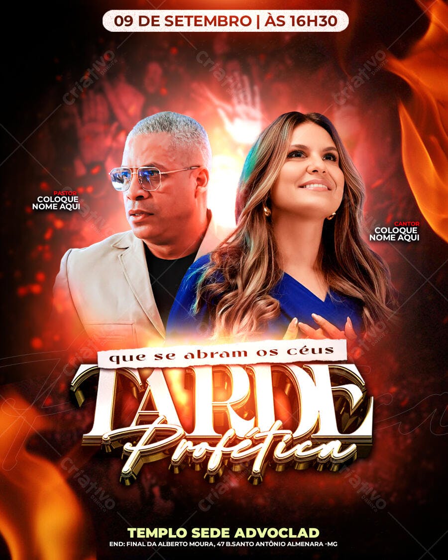 Flyer de Culto Tarde Profética com Pastor e Cantora PSD Editável