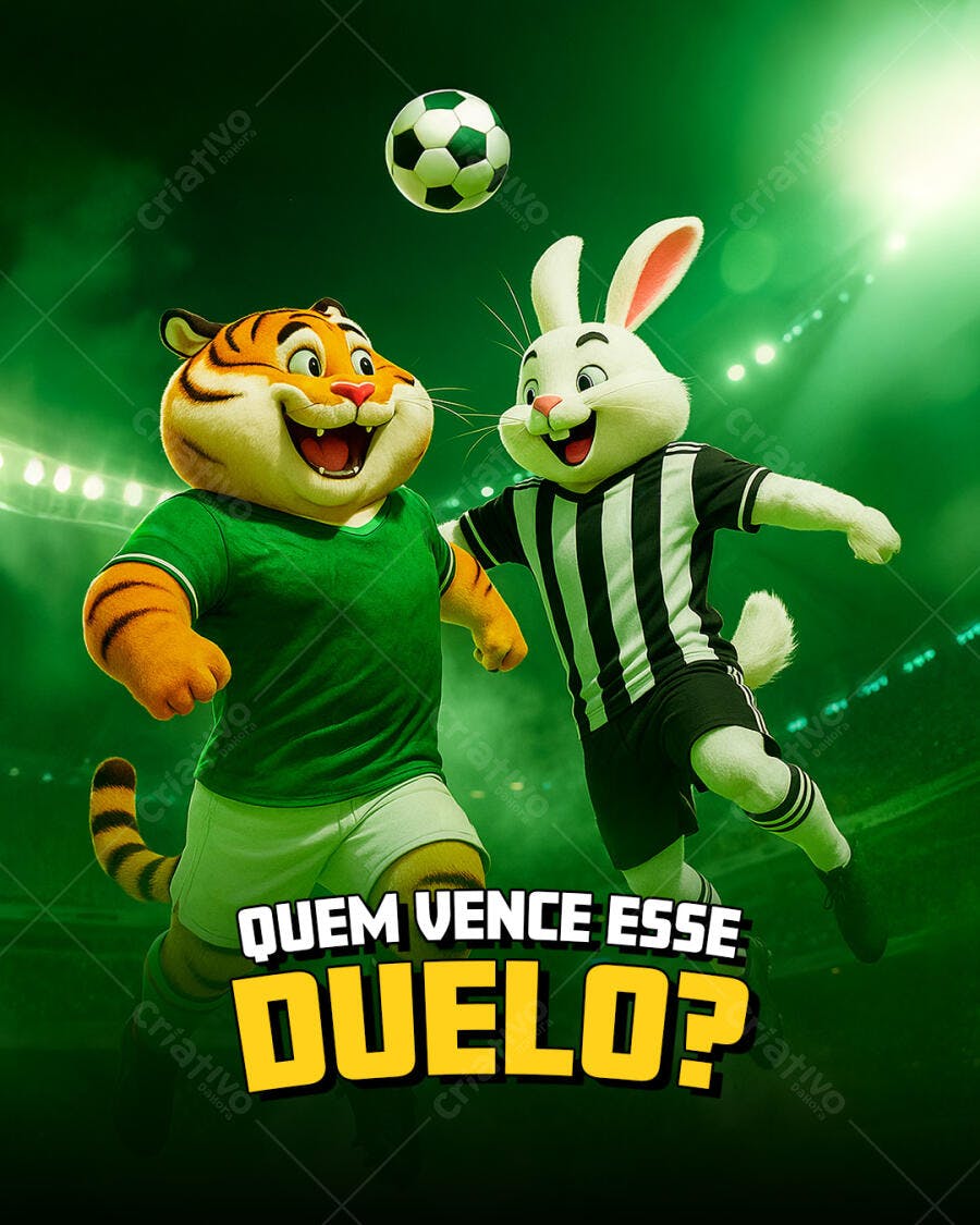 Flyer Duelo de Mascotes Futebol com Tigre e Coelho PSD Editável